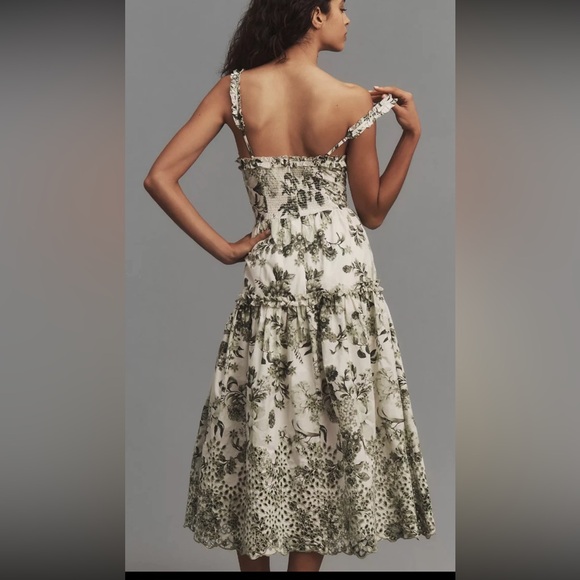 Anthropologie White and Green Floral Midi Dress Size Small - Picture 3 of 9